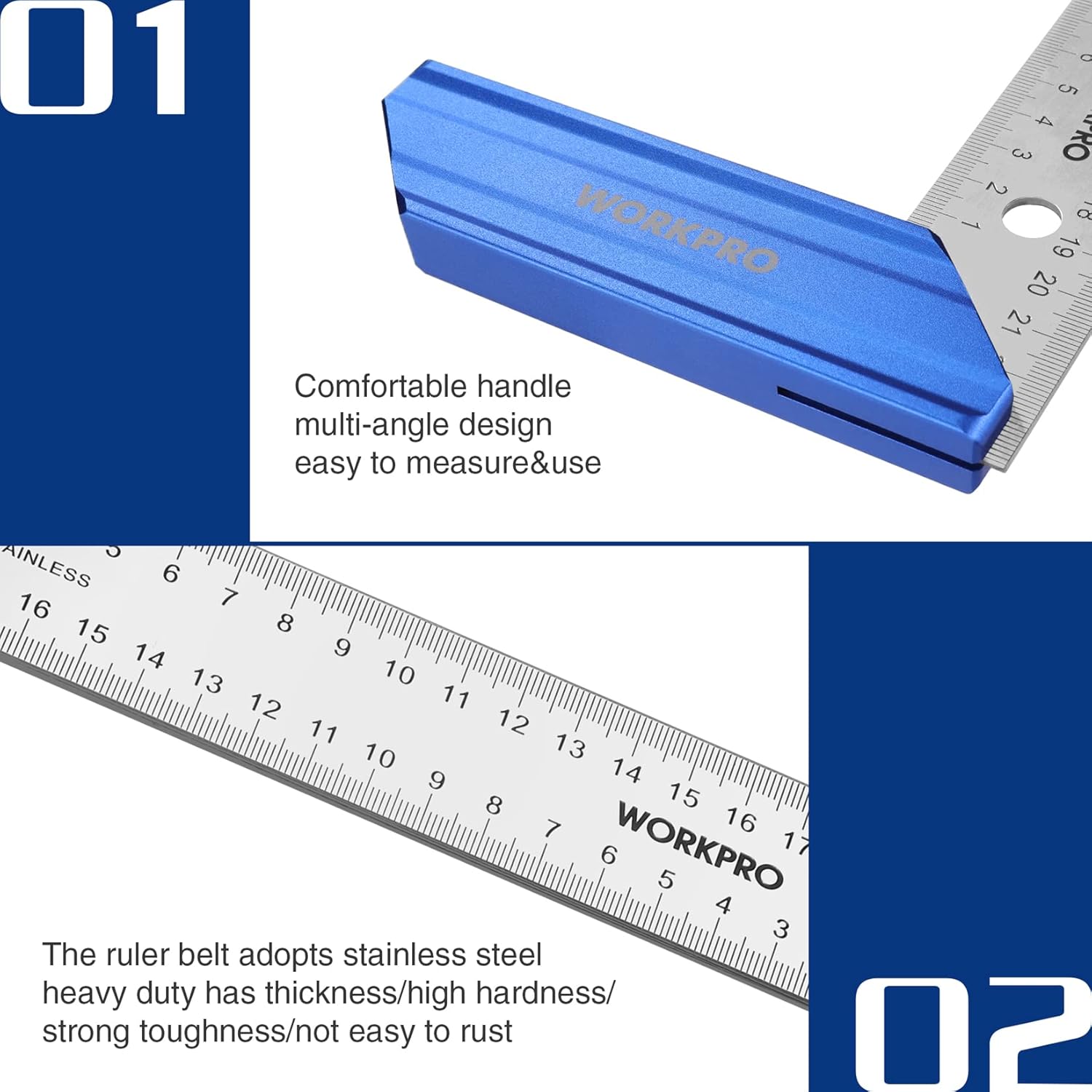 Blue try square handle with silver stainless steel measuring blade for woodworking