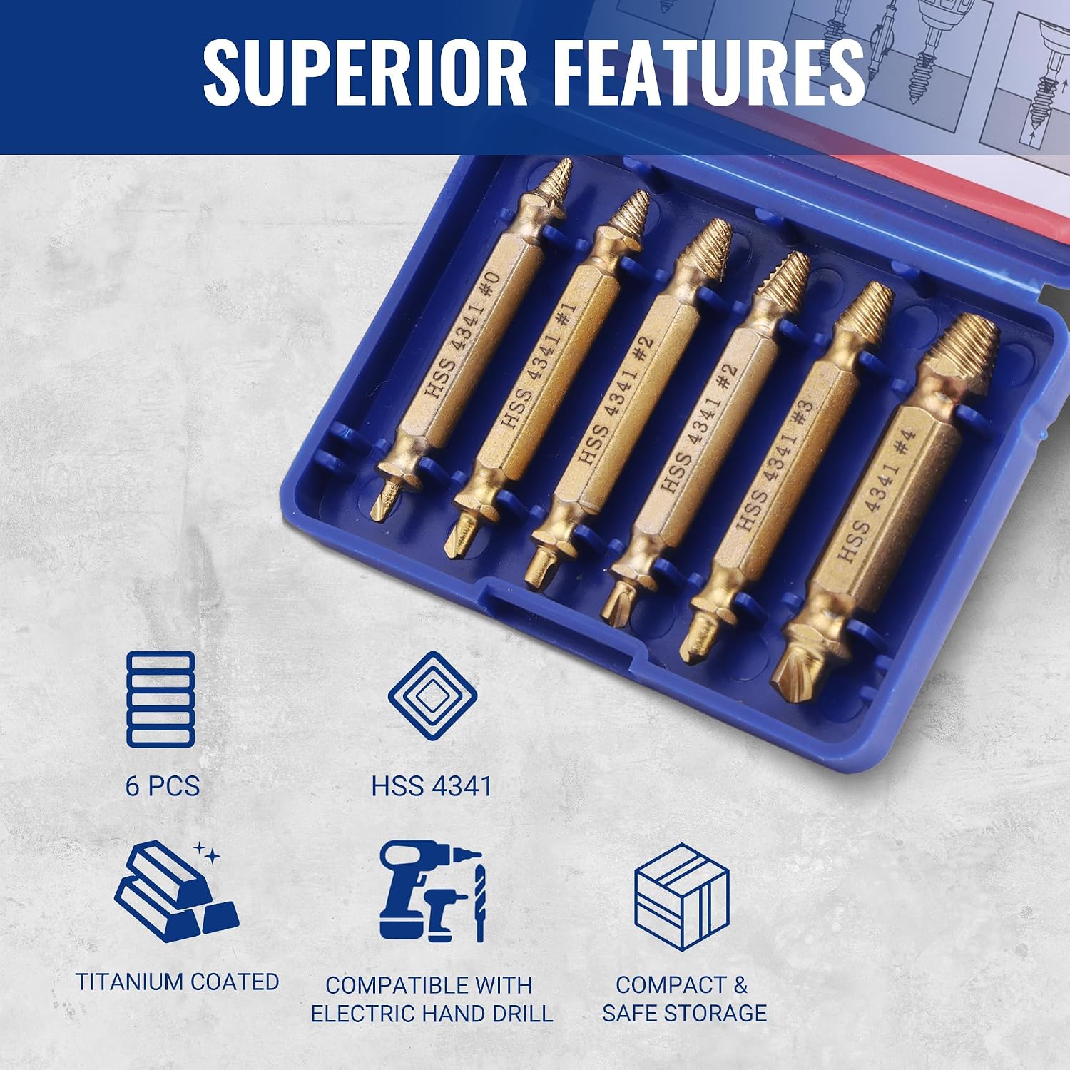 6-piece titanium-coated screw extractor set in blue plastic case with gold drill bits