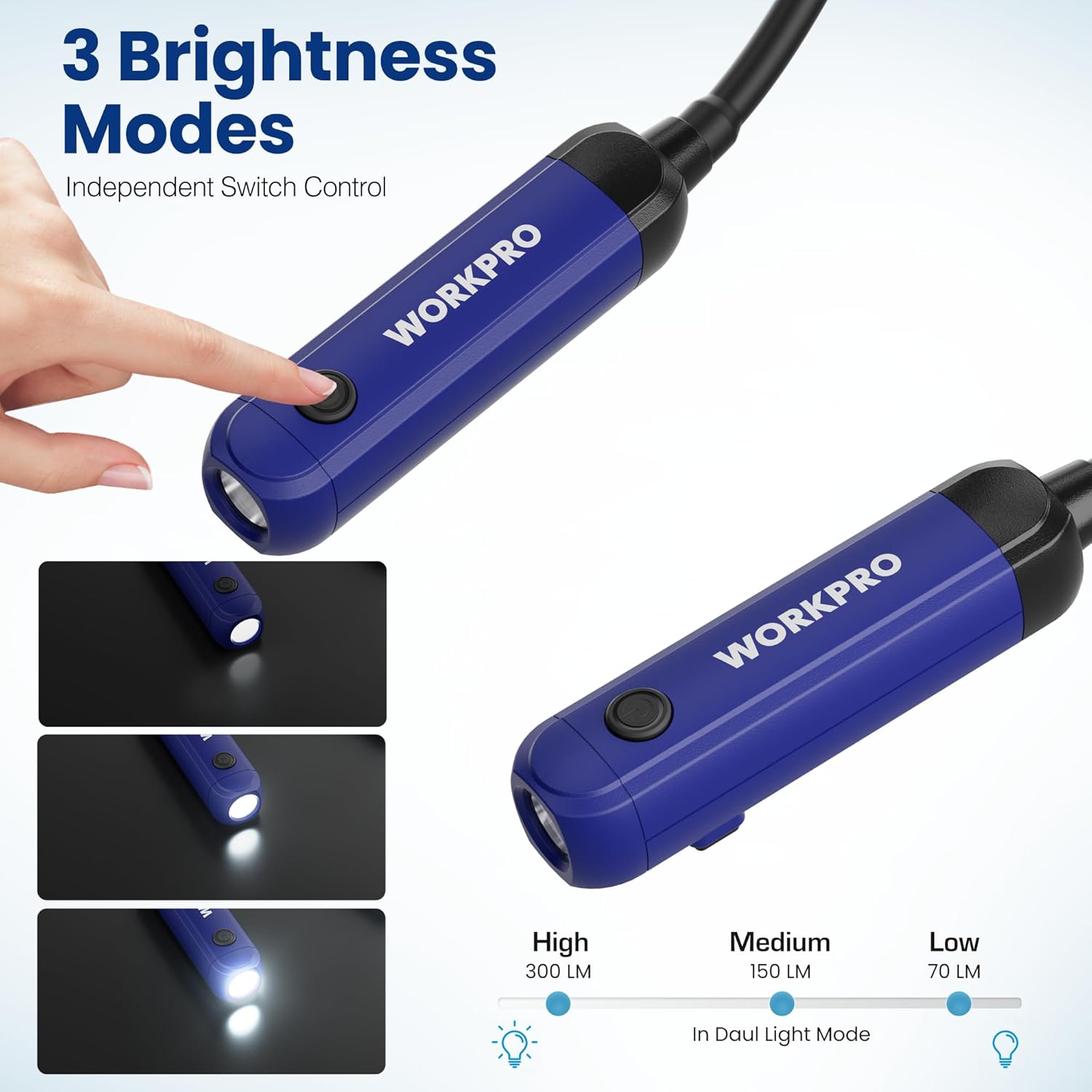 Blue rechargeable neck light with on/off switch and three brightness modes, dual beam