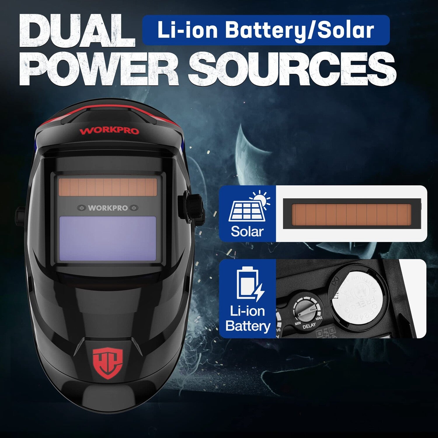 WORKPRO auto darkening welding helmet in matte black with solar and Li ion battery indicators