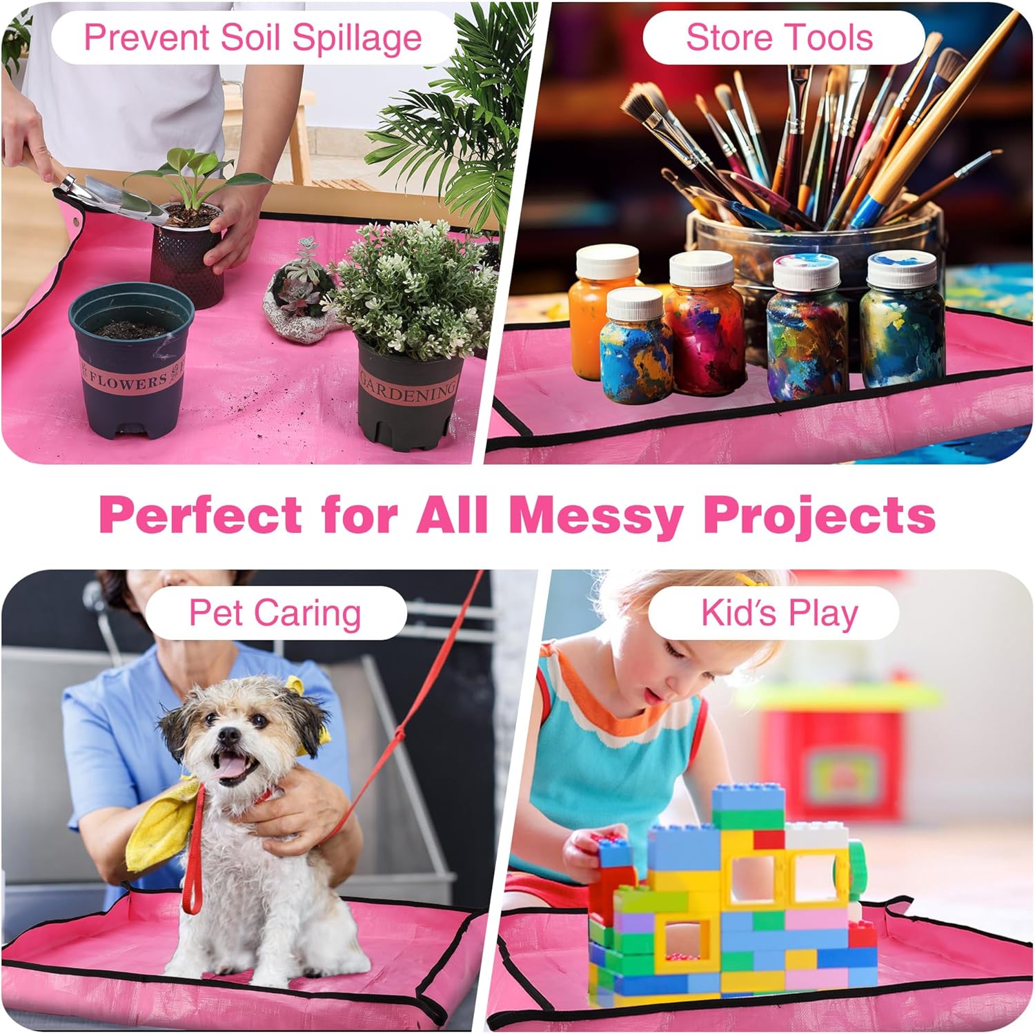 Pink plant potting mat with black edge used for messy projects with pets and kids
