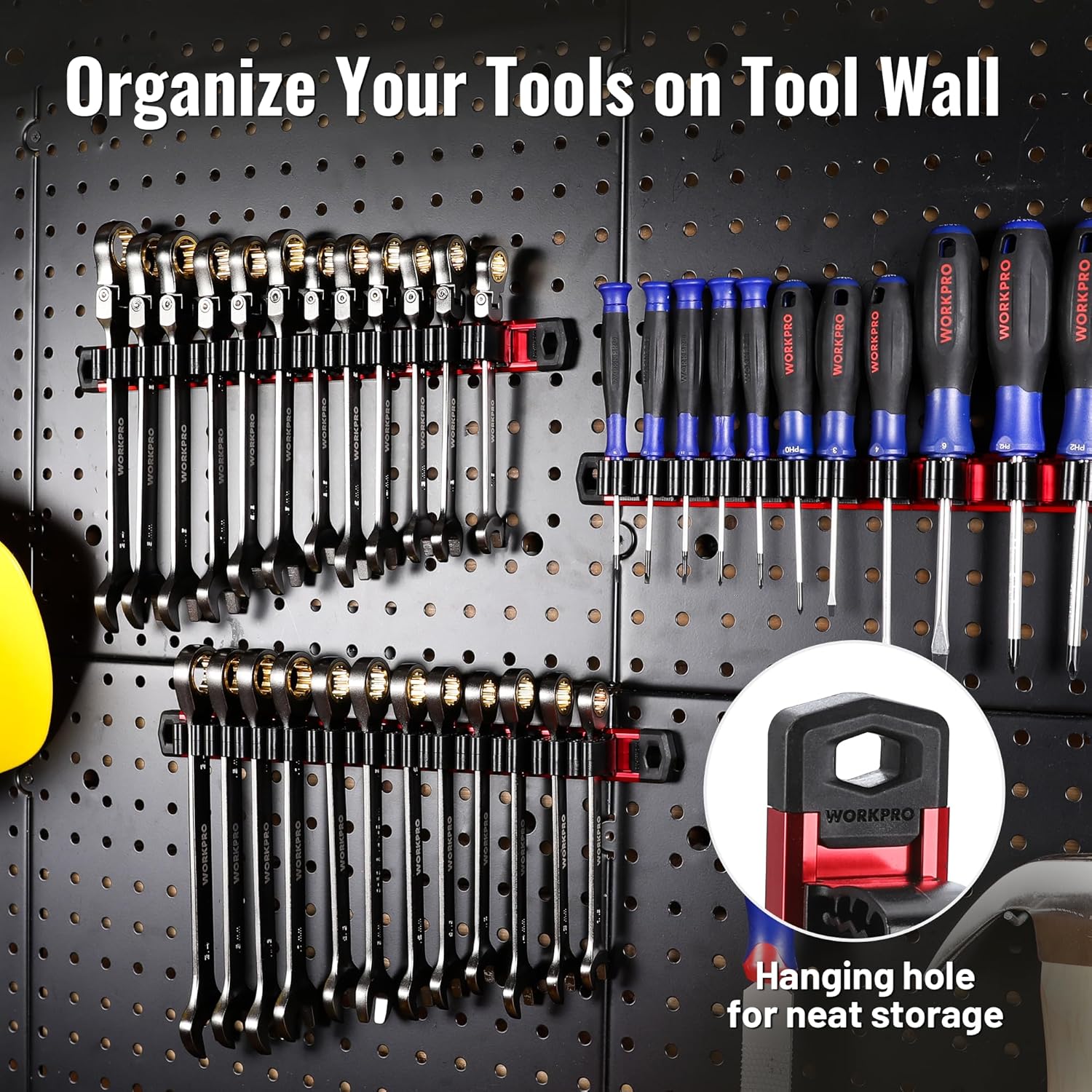Wall-mounted tool organizer board with magnetic screwdriver and wrench racks, gray and blue