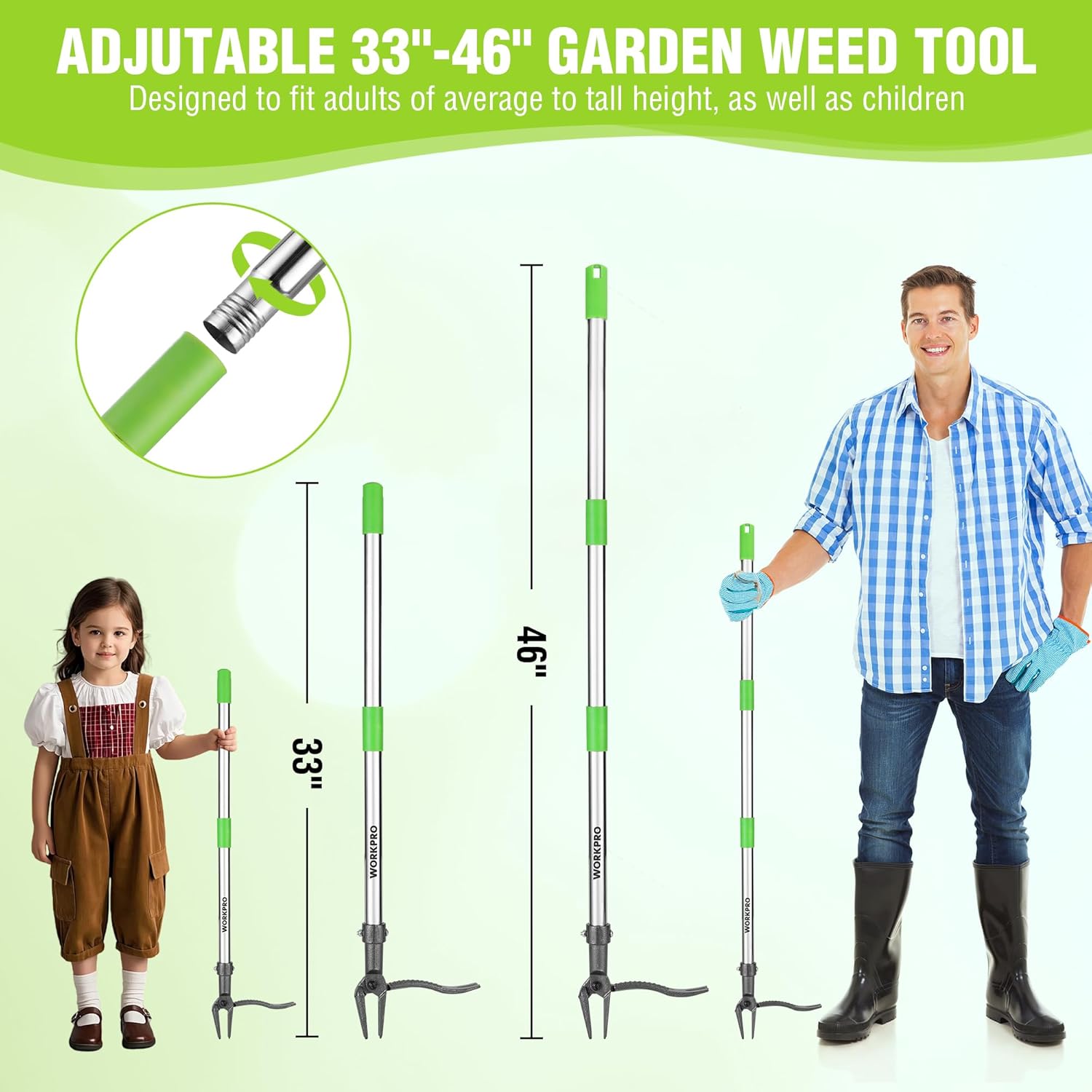 Adjustable long-handled weed puller tool with green handle, 4-claw steel head, foot pedal