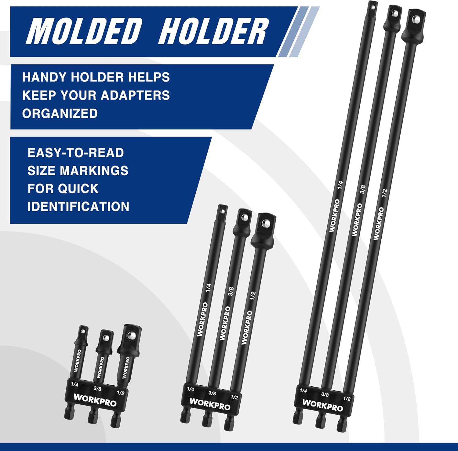 WORKPRO socket adapter extensions in molded holder, 1/4-inch to 1/2-inch sizes