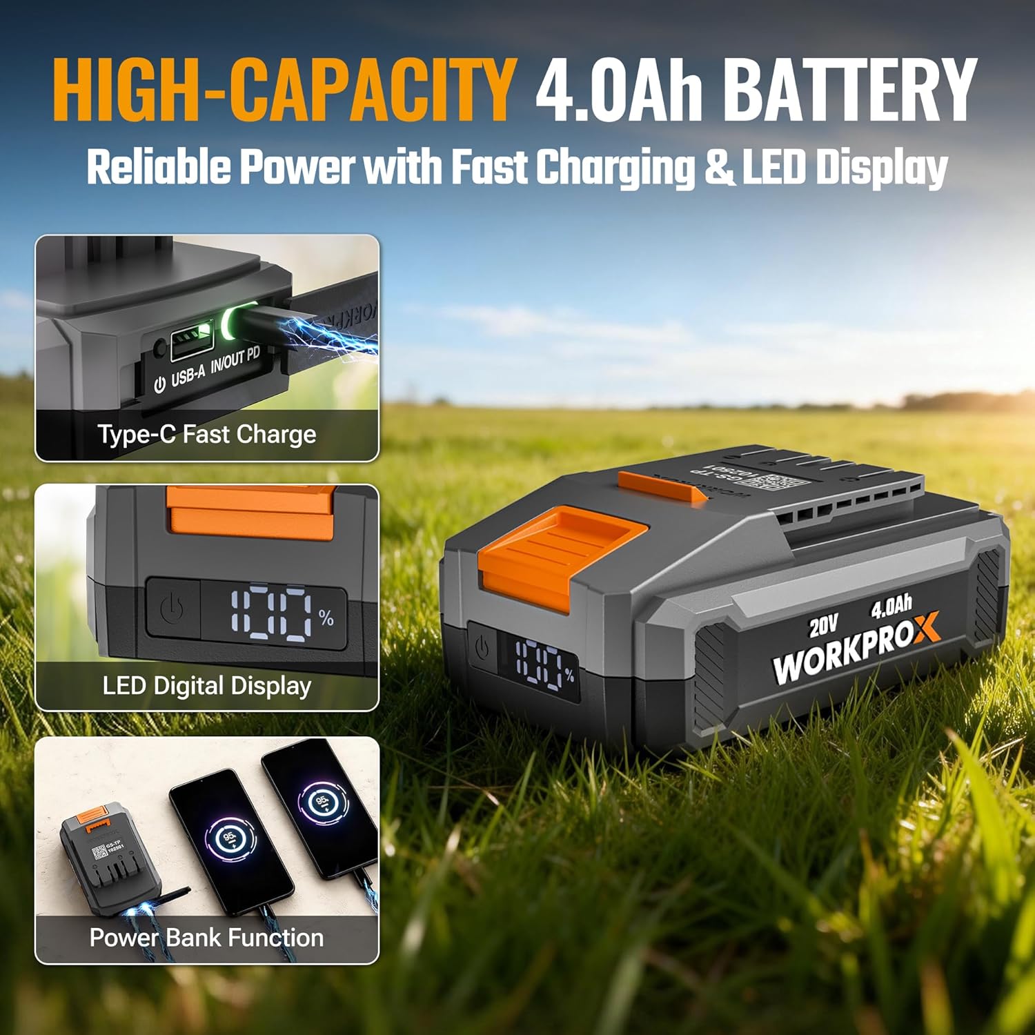 4.0Ah 20V WORKPROX battery pack with orange LED display on black charger unit
