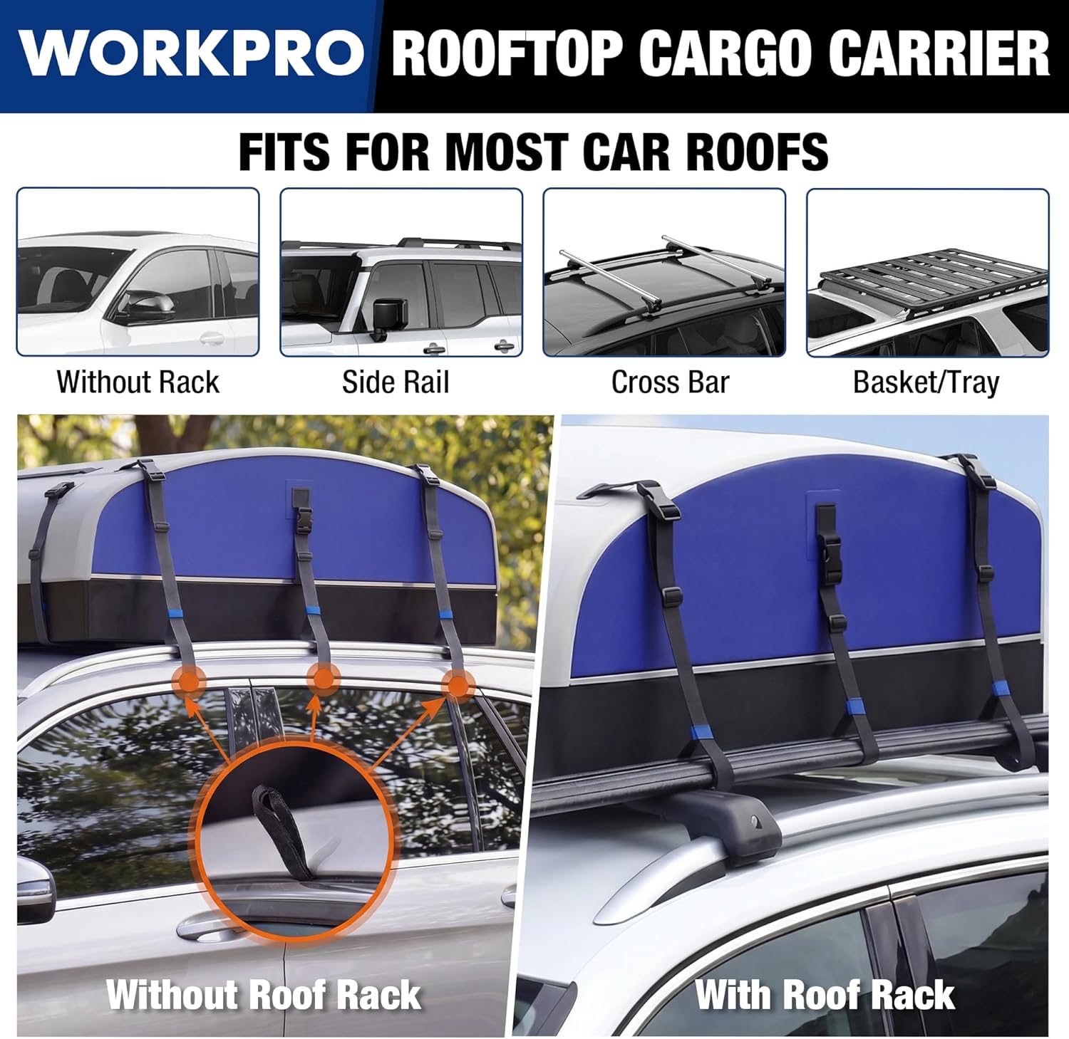 Rooftop cargo carrier bag with adjustable hooks for roof rails or cross bars