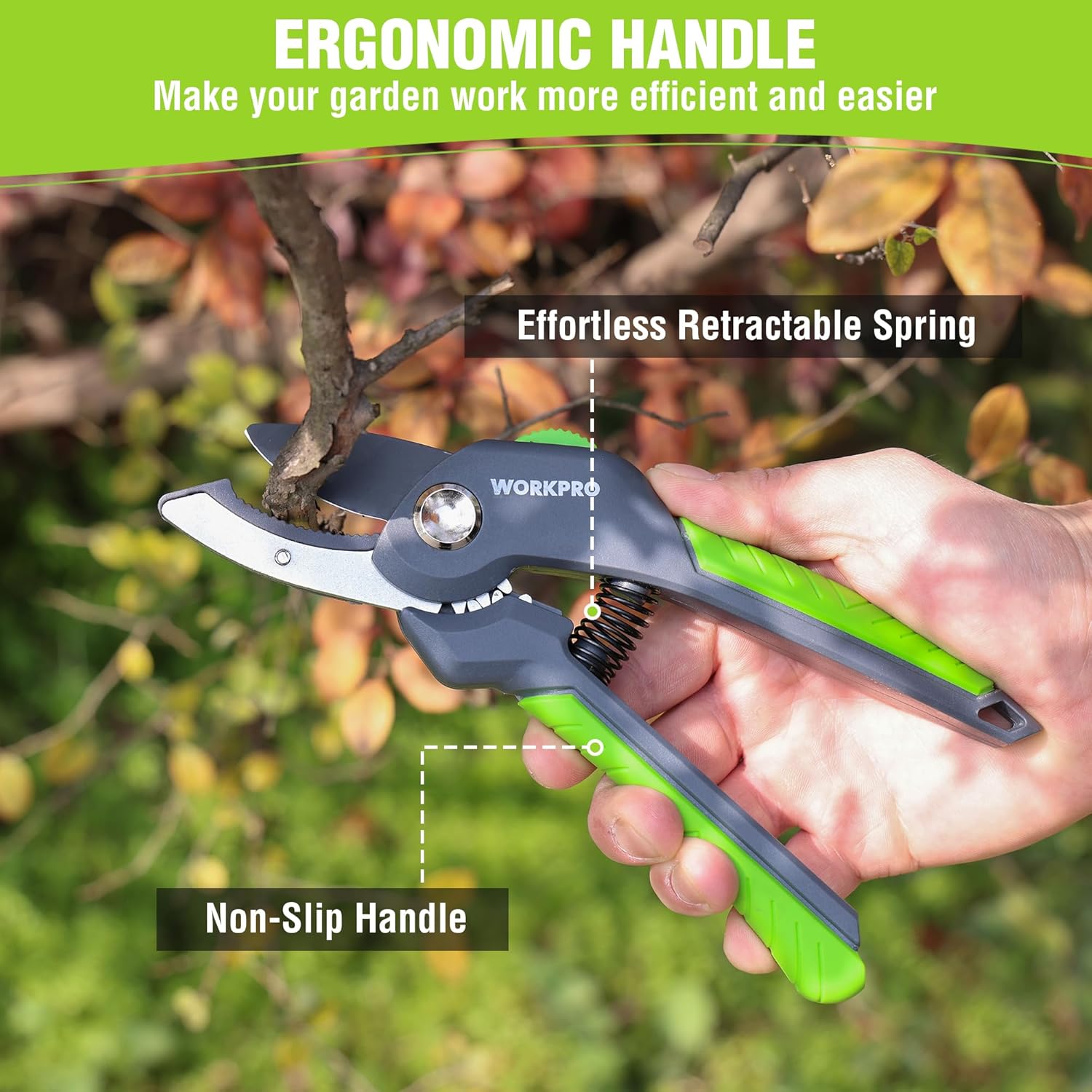 WORKPRO ergonomic pruning shear with non-slip grip and retractive spring design