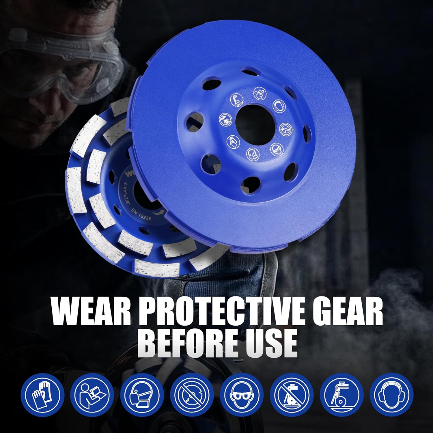 Diamond cup grinding wheel with blue backing plate and white segmented rim