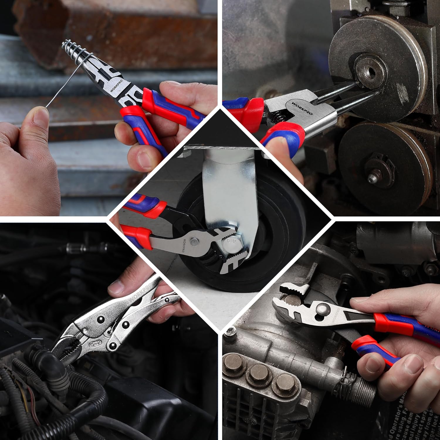 Hands using WORKPRO pliers with red-and-blue handles on automotive parts and fasteners