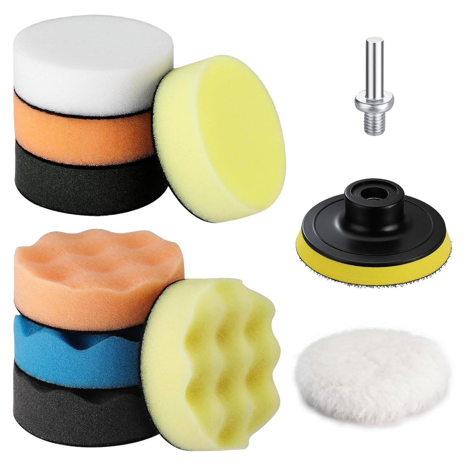 Foam buffing pads assortment with drill adapter and backing plate, 3 inch kit