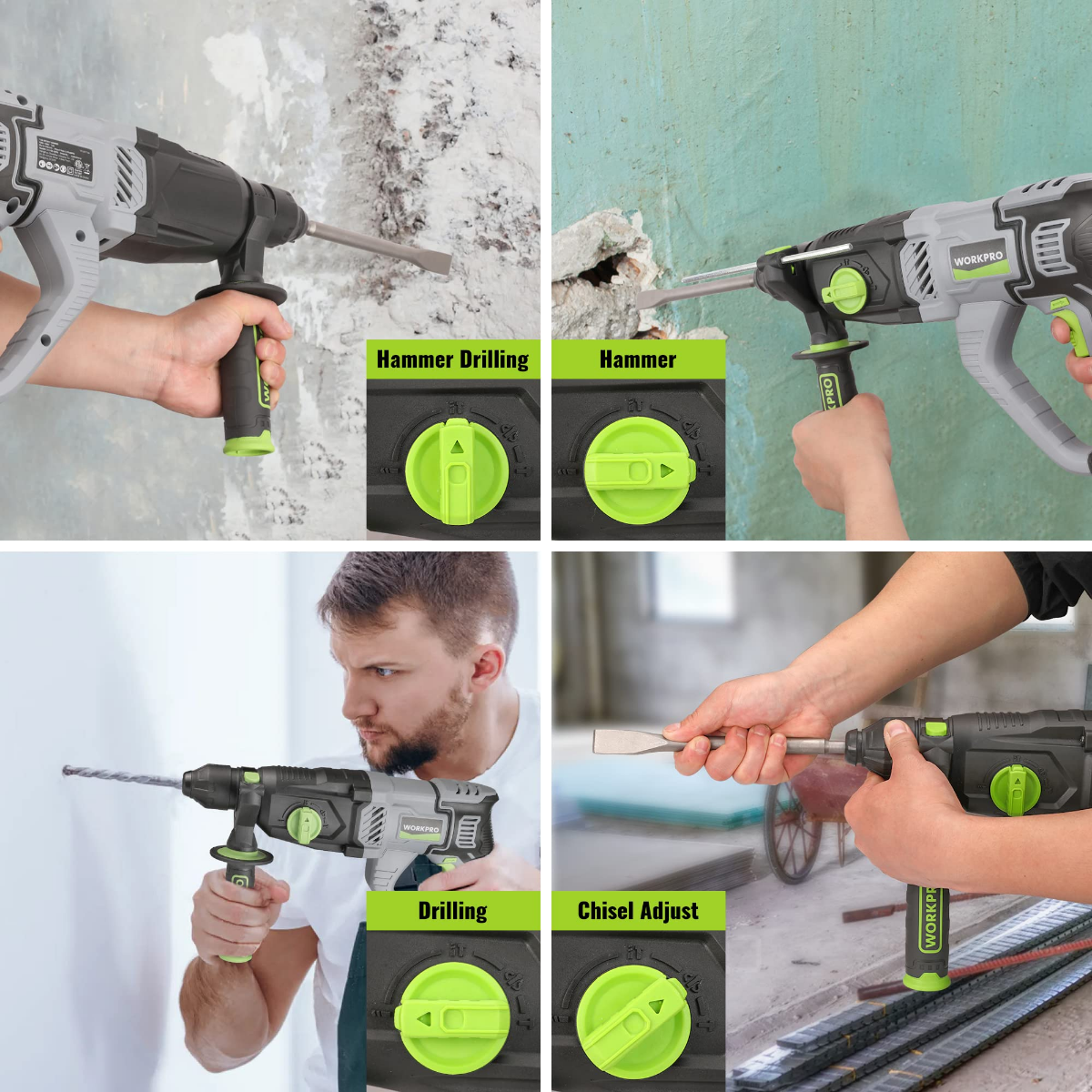 WORKPRO corded rotary hammer drill in chisel and drilling use on concrete