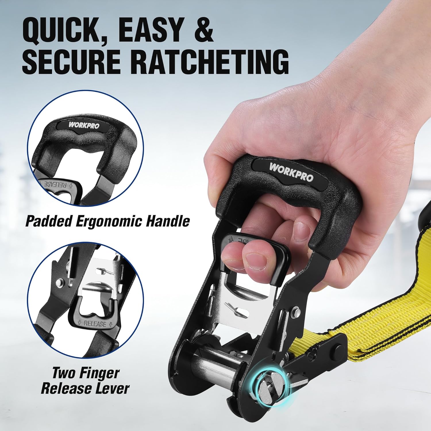 WORKPRO ratchet handle with padded ergonomic grip on yellow tie down strap