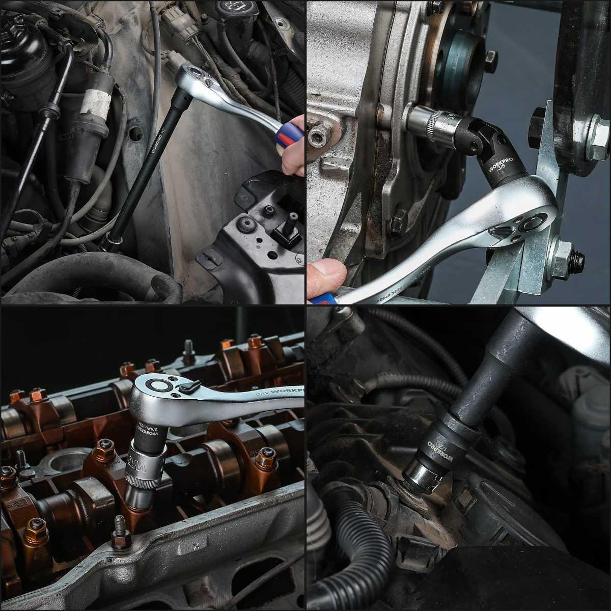 Drive tool accessory set with socket and extensions in an engine bay for fasteners