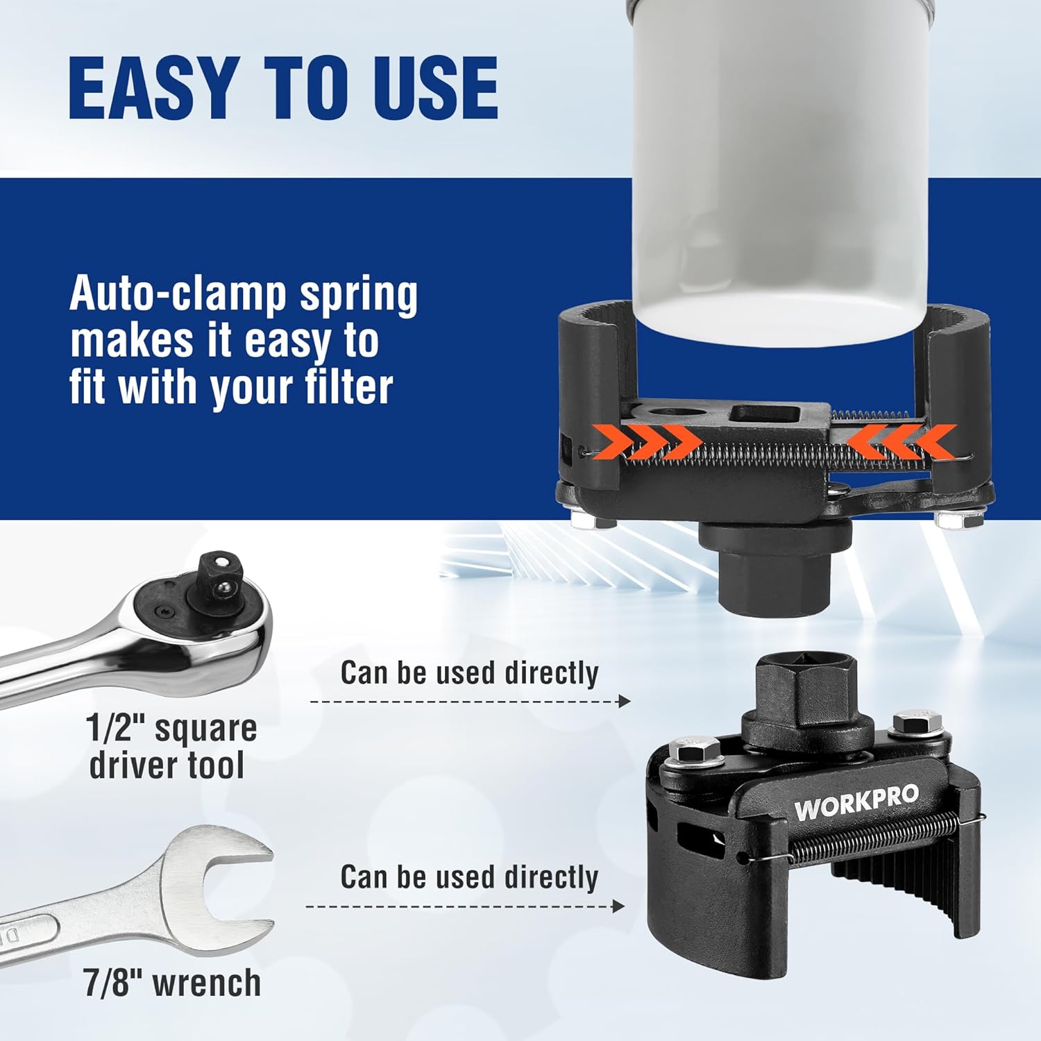 Universal oil filter wrench with spring clamp; fits filters with 1/2 in square drive