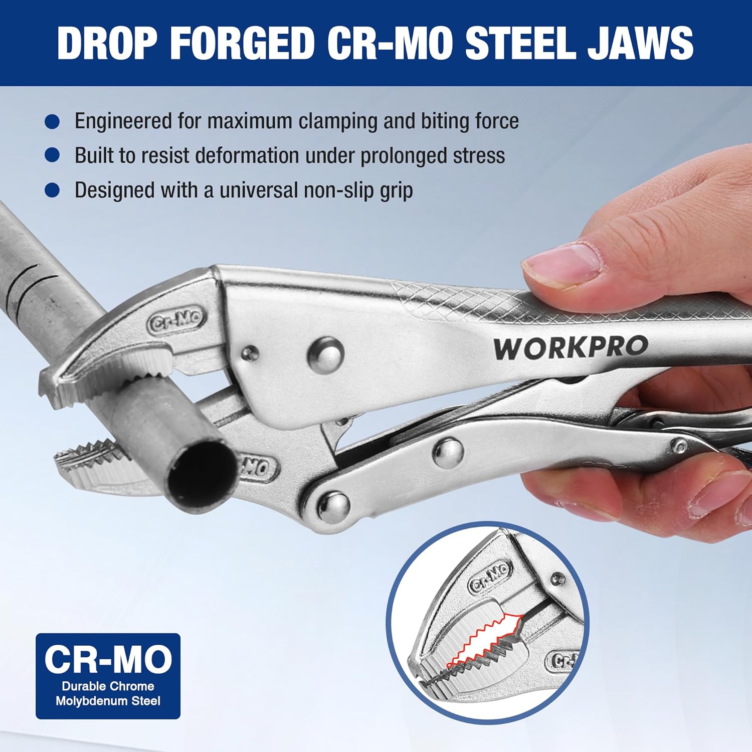 WORKPRO locking pliers with CR-MO drop-forged steel jaws and universal non-slip grip