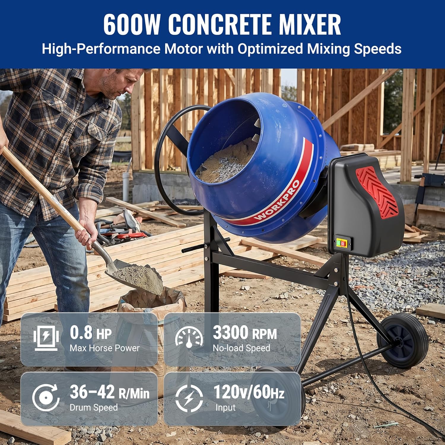 Portable electric cement mixer with blue drum, black stand, and front wheels