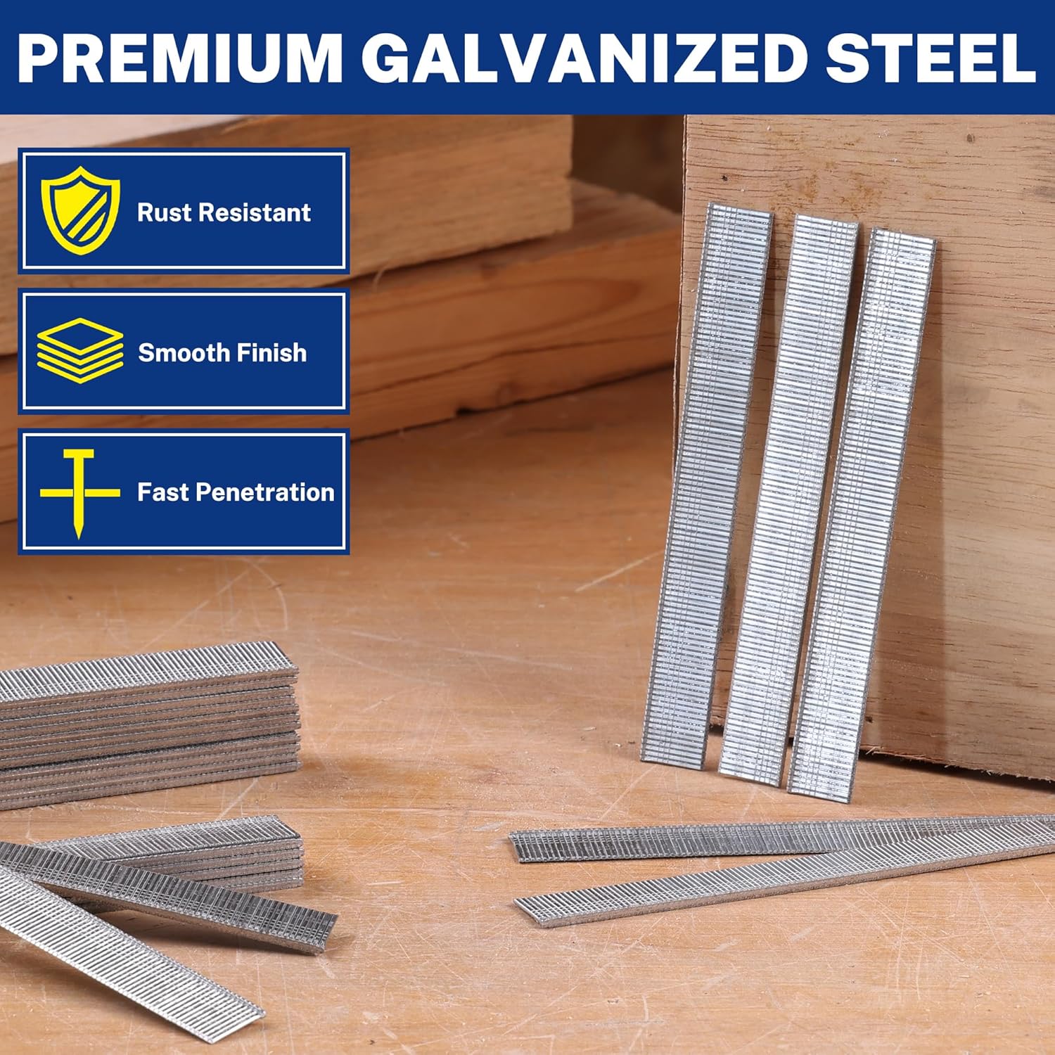 18-gauge premium galvanized steel brad nails in strips for fastening wood