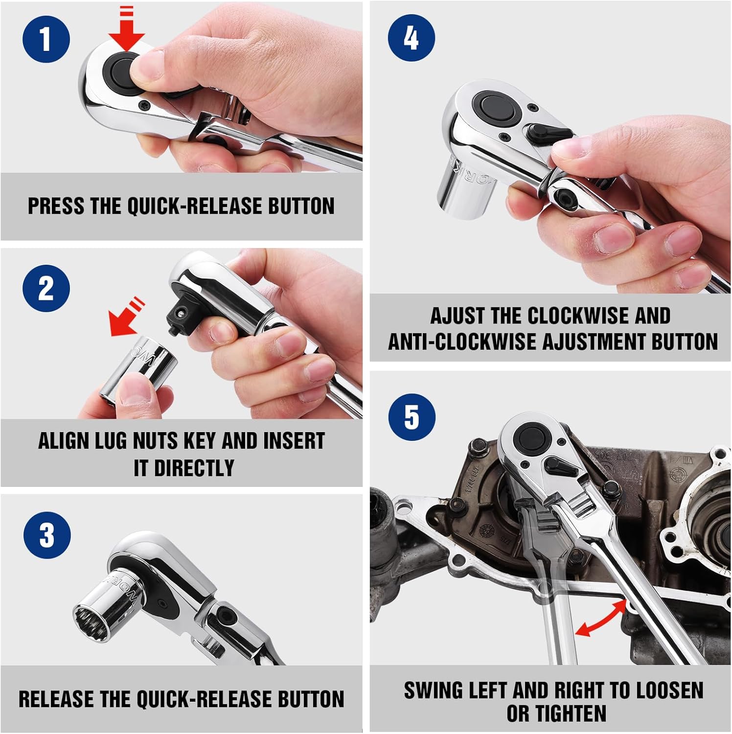 Hand operating long flex head ratchet: quick-release button and reversible adjust