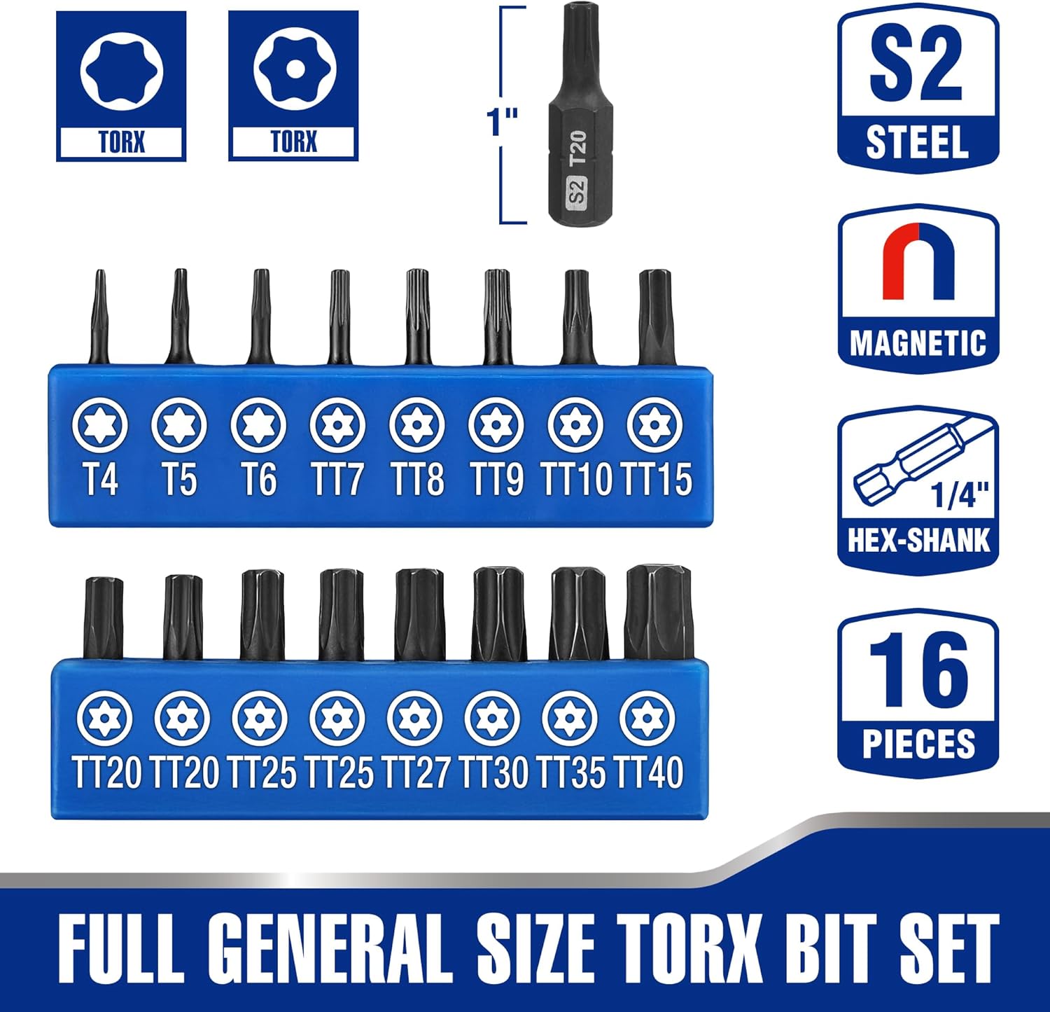 Security Torx bit set with magnetic black bits and blue storage insert, sizes T4–T15