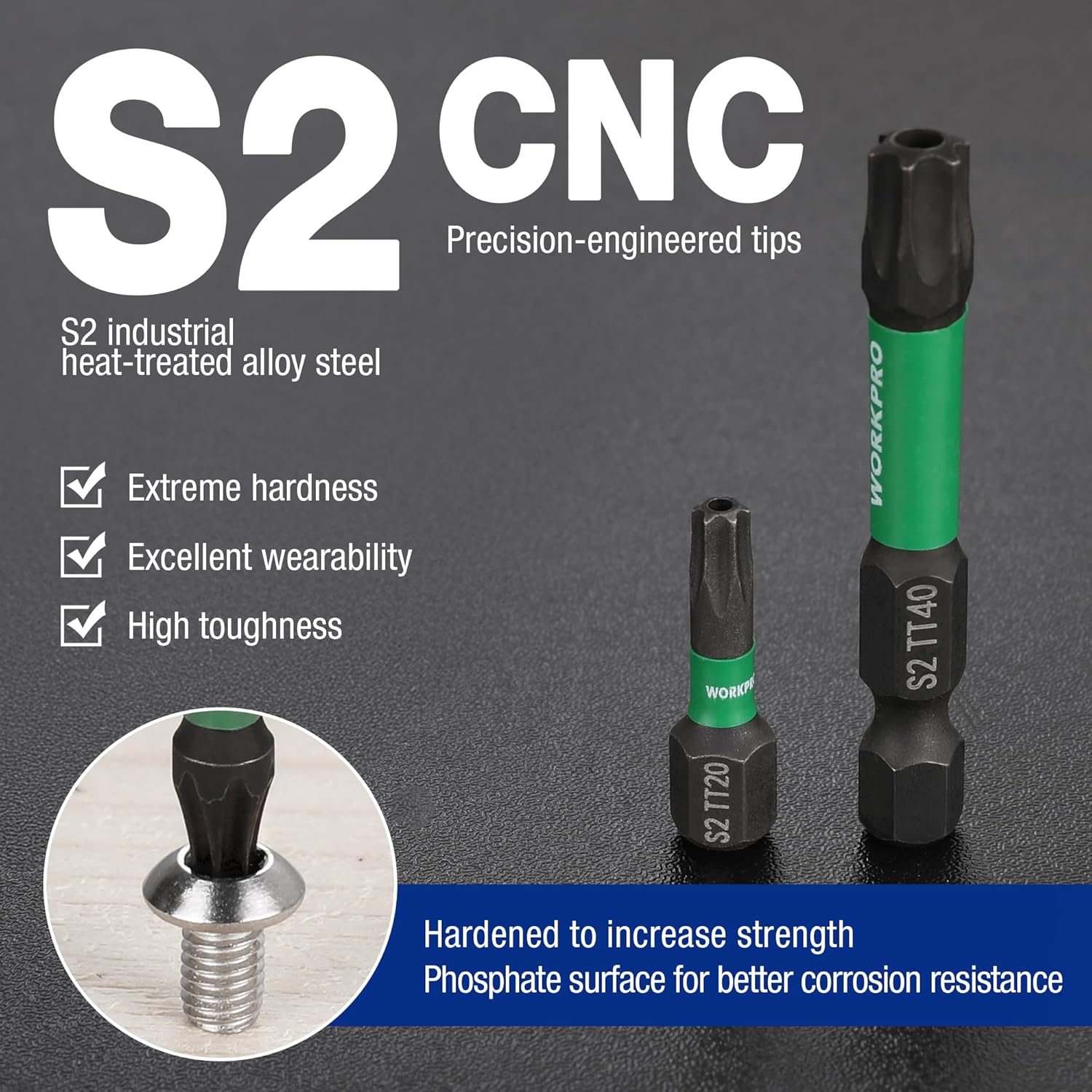 S2 CNC-machined security Torx bits in black with green rings and star sizes