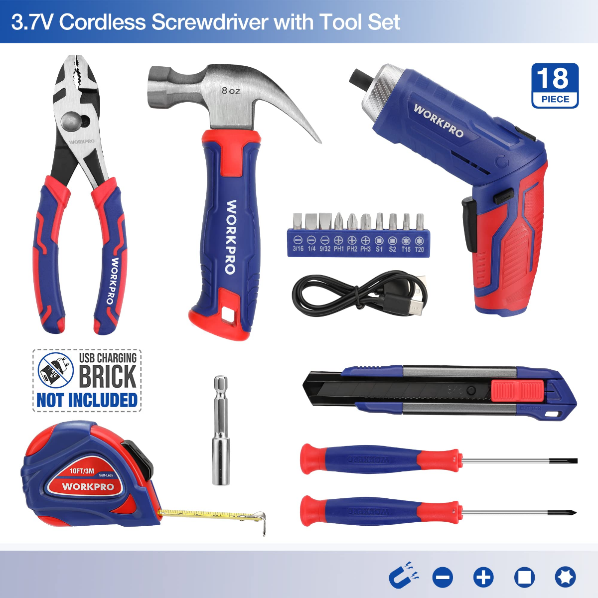WORKPRO 18-piece cordless screwdriver tool kit with pink/blue/black handles and accessories