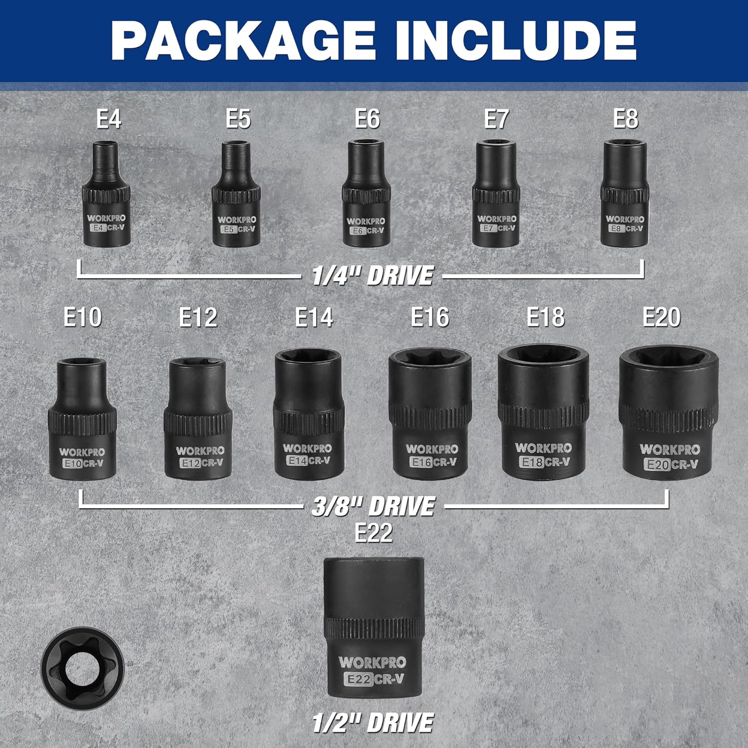 E-Torx socket set showing E4 to E22 sizes across three drive adapters