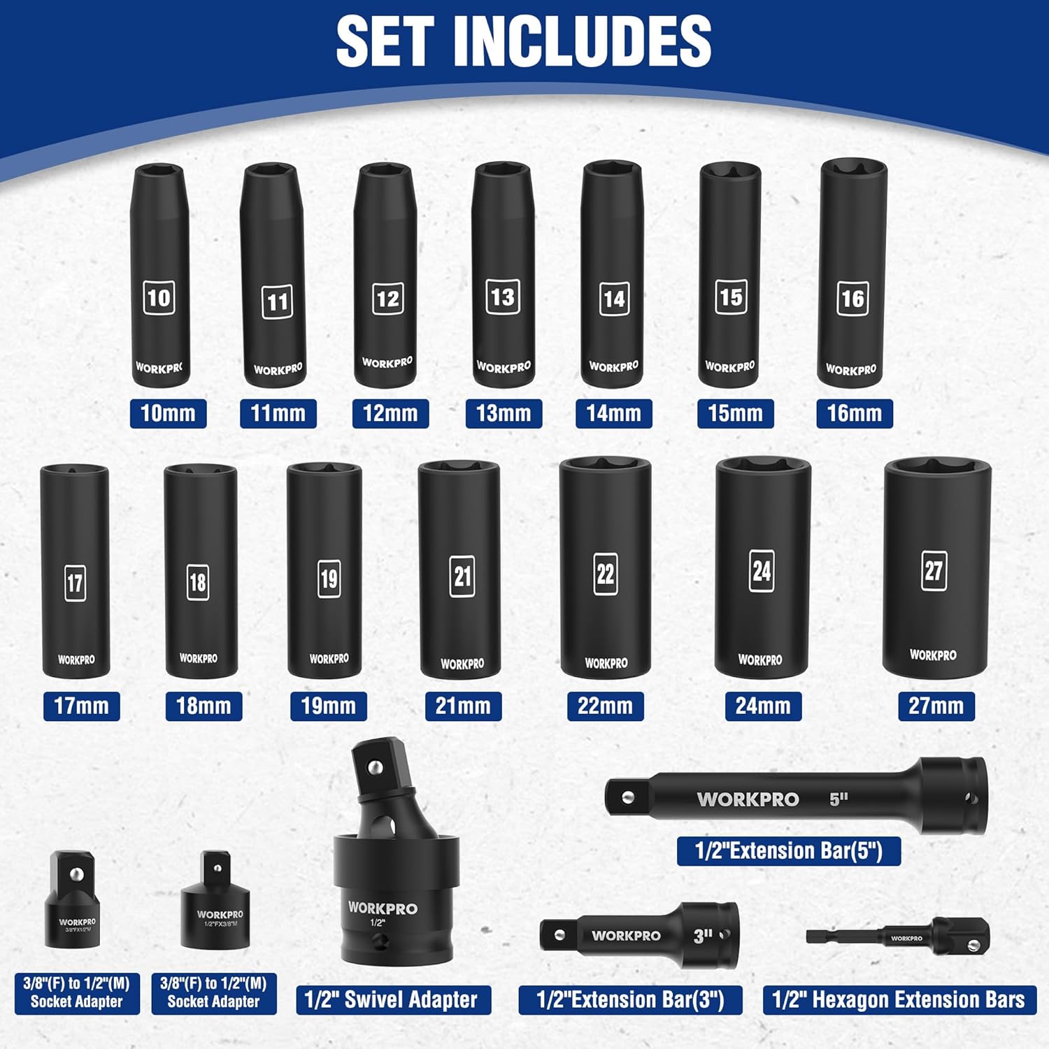 WORKPRO 1/2 in drive deep impact socket set, 6-point metric sockets 10–27mm