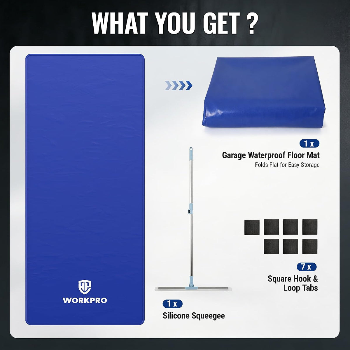 Workpro garage floor mat for under car in blue with a waterproof surface and silicone squeegee
