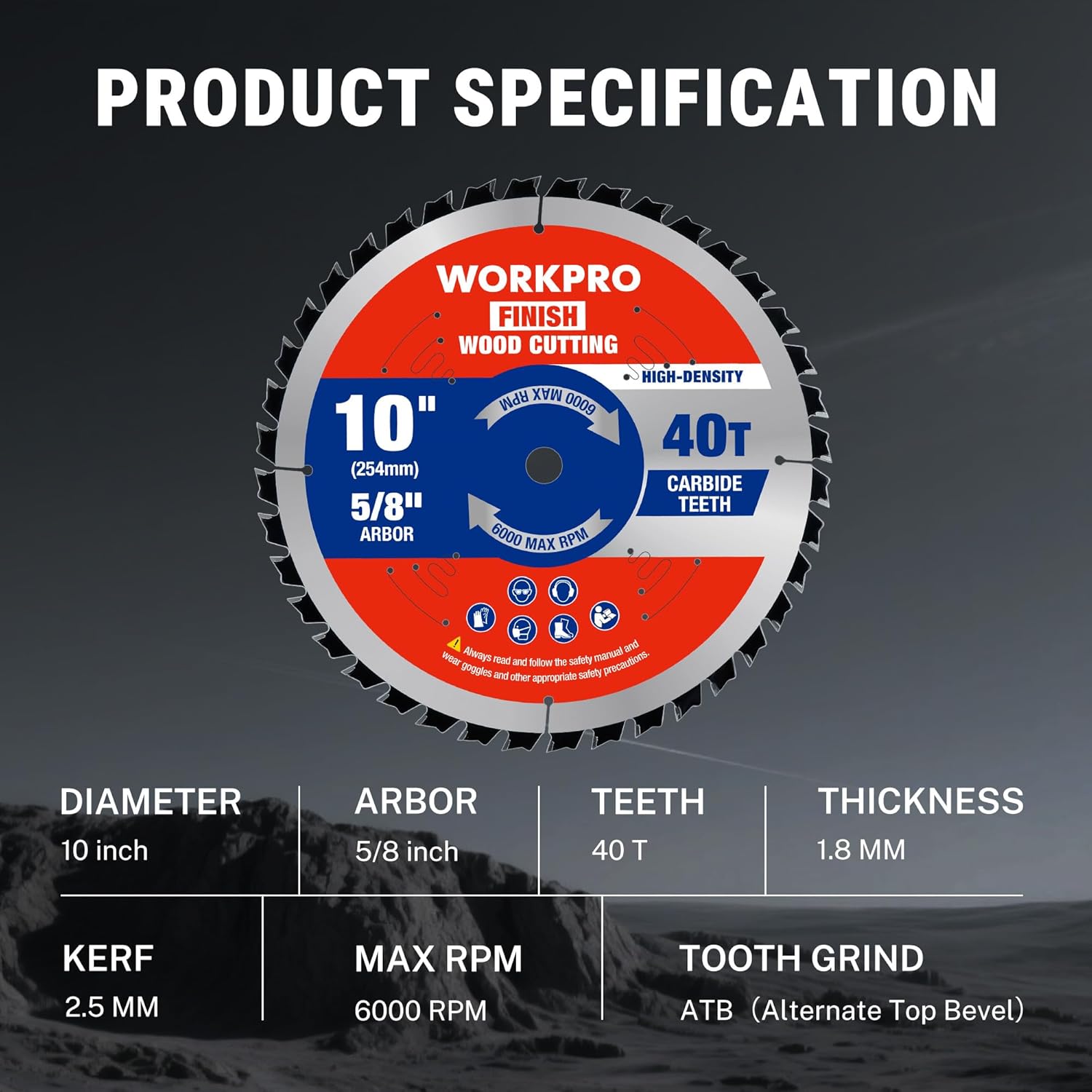 WORKPRO 10-inch 40T circular saw blade spec with 1.8 mm thickness and ATB tooth