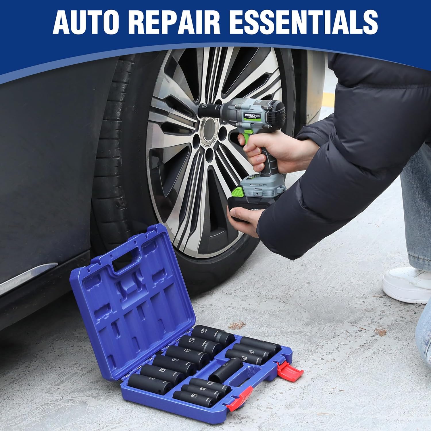 Deep impact socket set in blue case with sockets, used for auto repair applications