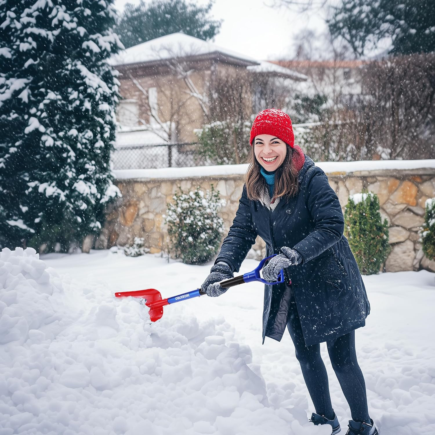 Person clearing snow with red and blue snow shovel tool in a residential driveway.