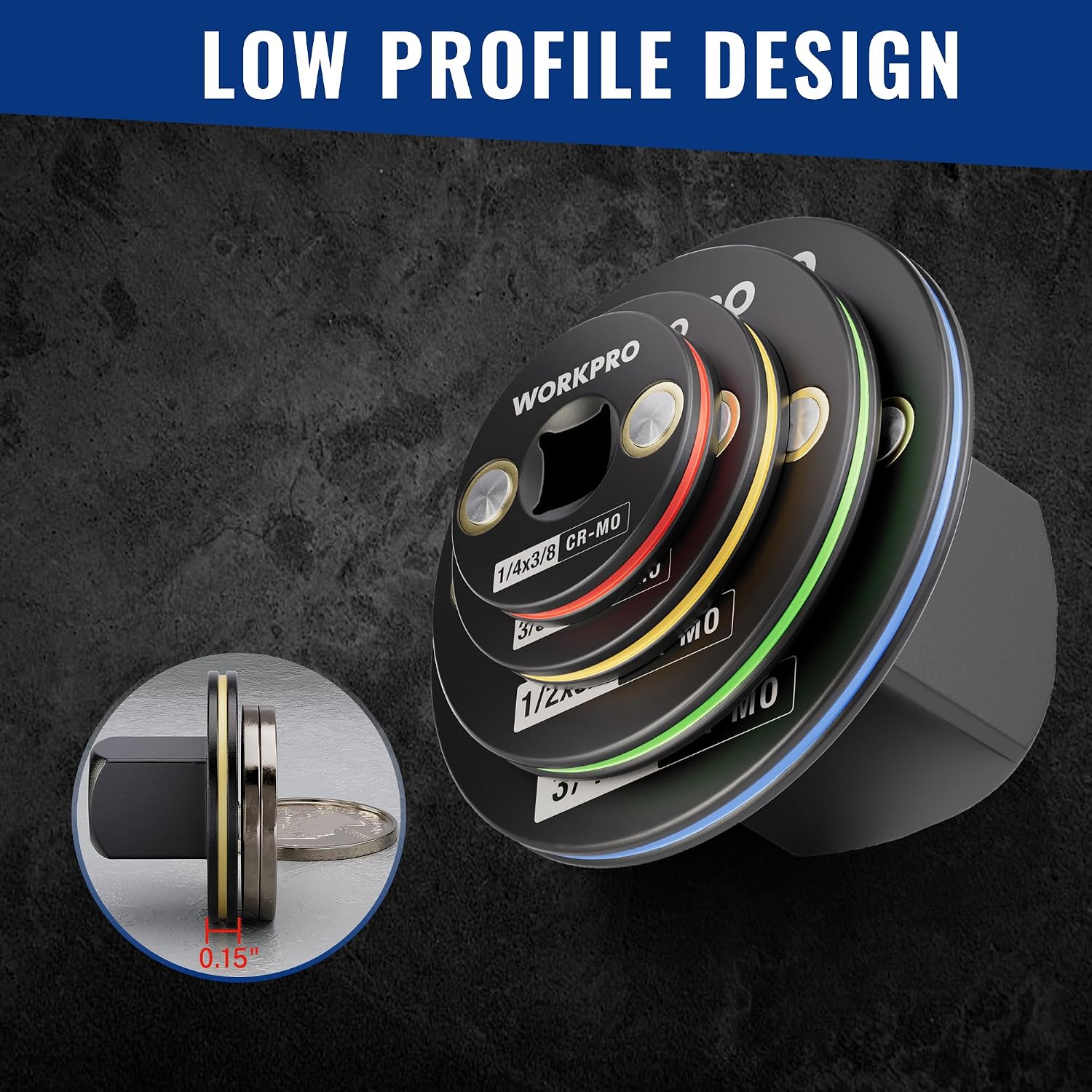 Low profile magnetic socket adapter disc with multiple drive sizes, black and gray