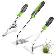 Three stainless weed puller tools with green and gray ergonomic handles