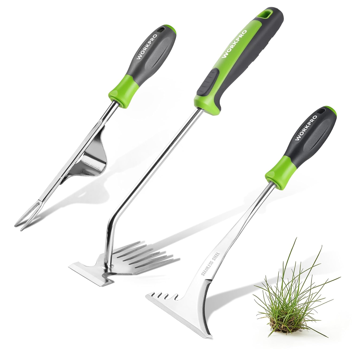 Three stainless weed puller tools with green and gray ergonomic handles