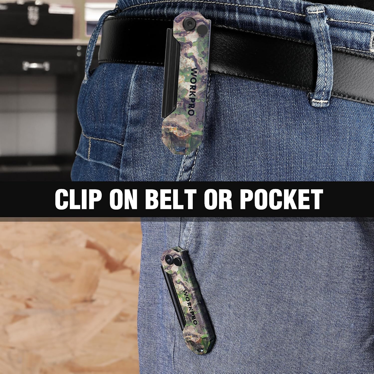 Camouflage pocket knife clipped to blue jeans; black utility blade retracted