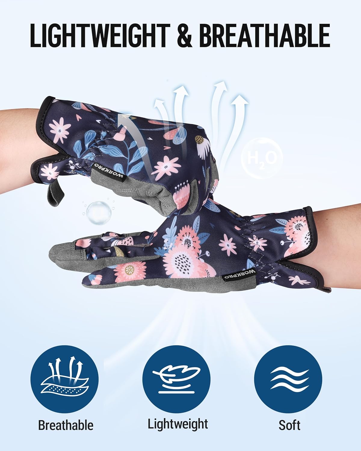 Women’s floral gardening gloves with breathable fabric and gray touchscreen-ready fingers.