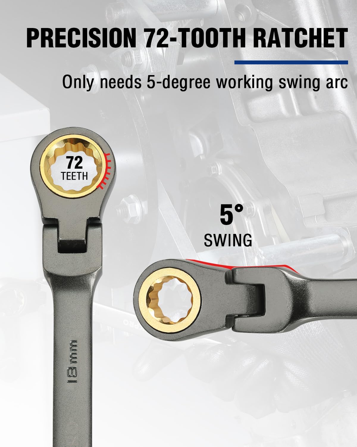 18mm ratcheting combination wrench with 12-point box and 72-tooth head