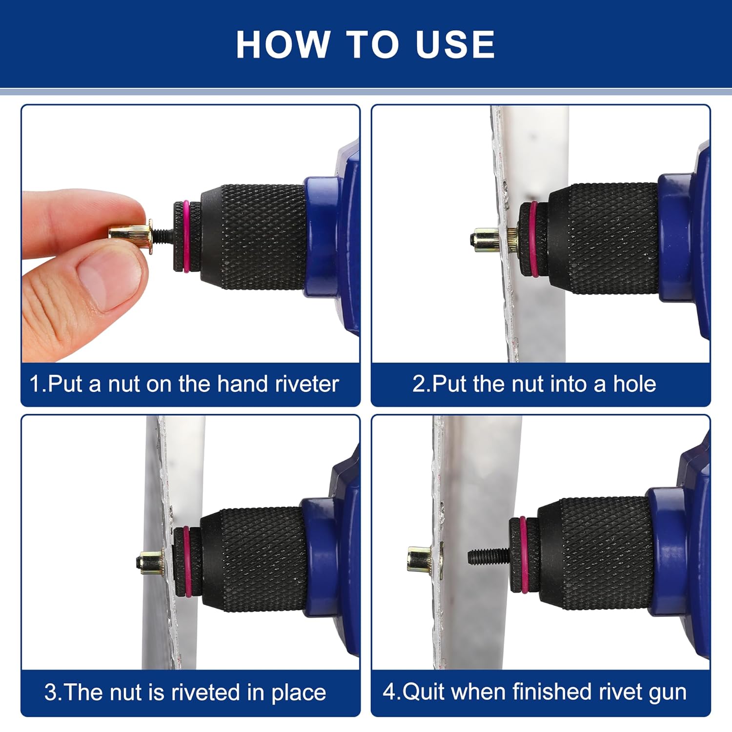 Rivet nut installation shown on metal sheet using a hand riveter