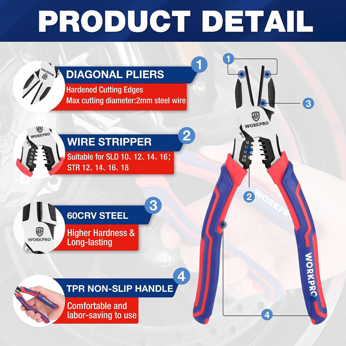 WORKPRO 2-in-1 Diagonal Cutting Pliers with Wire Stripper, 7.5 Inch CRV Steel Wire Cutters with Comfort Grip Handles, Heavy Duty Side-Cutting Pliers for Electricians and Homes, Christmas Gift