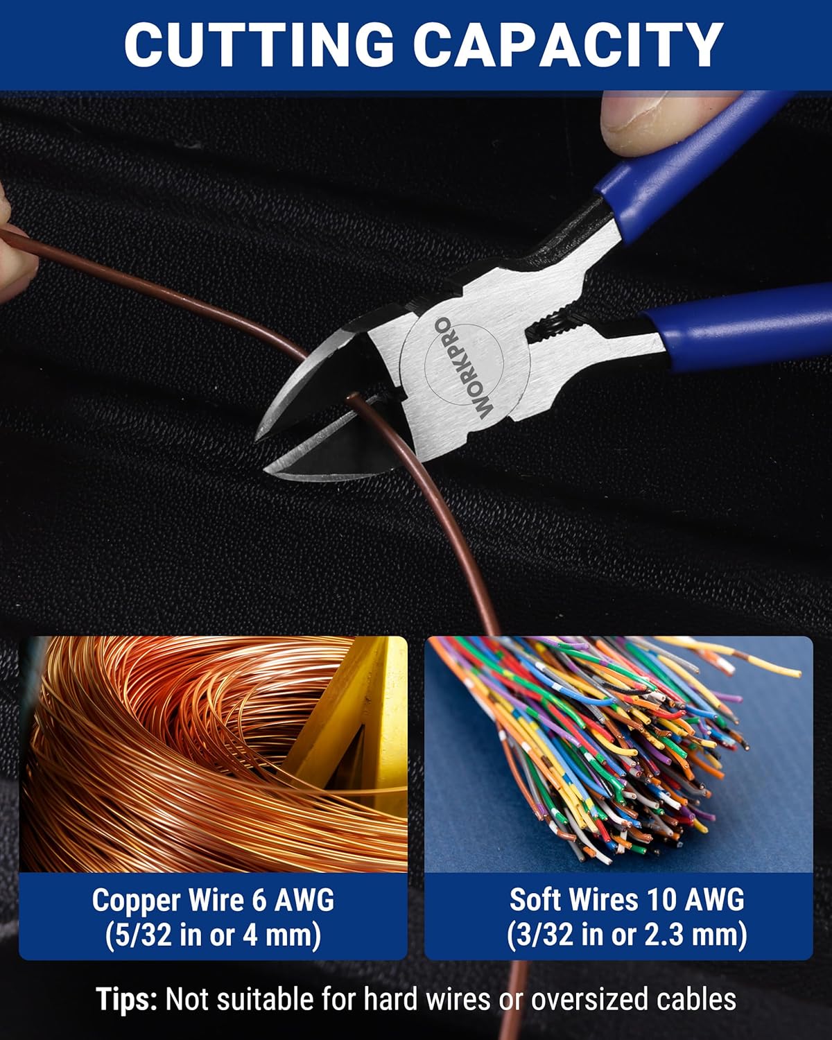 Flush cutting pliers with blue handles trimming thin copper wire