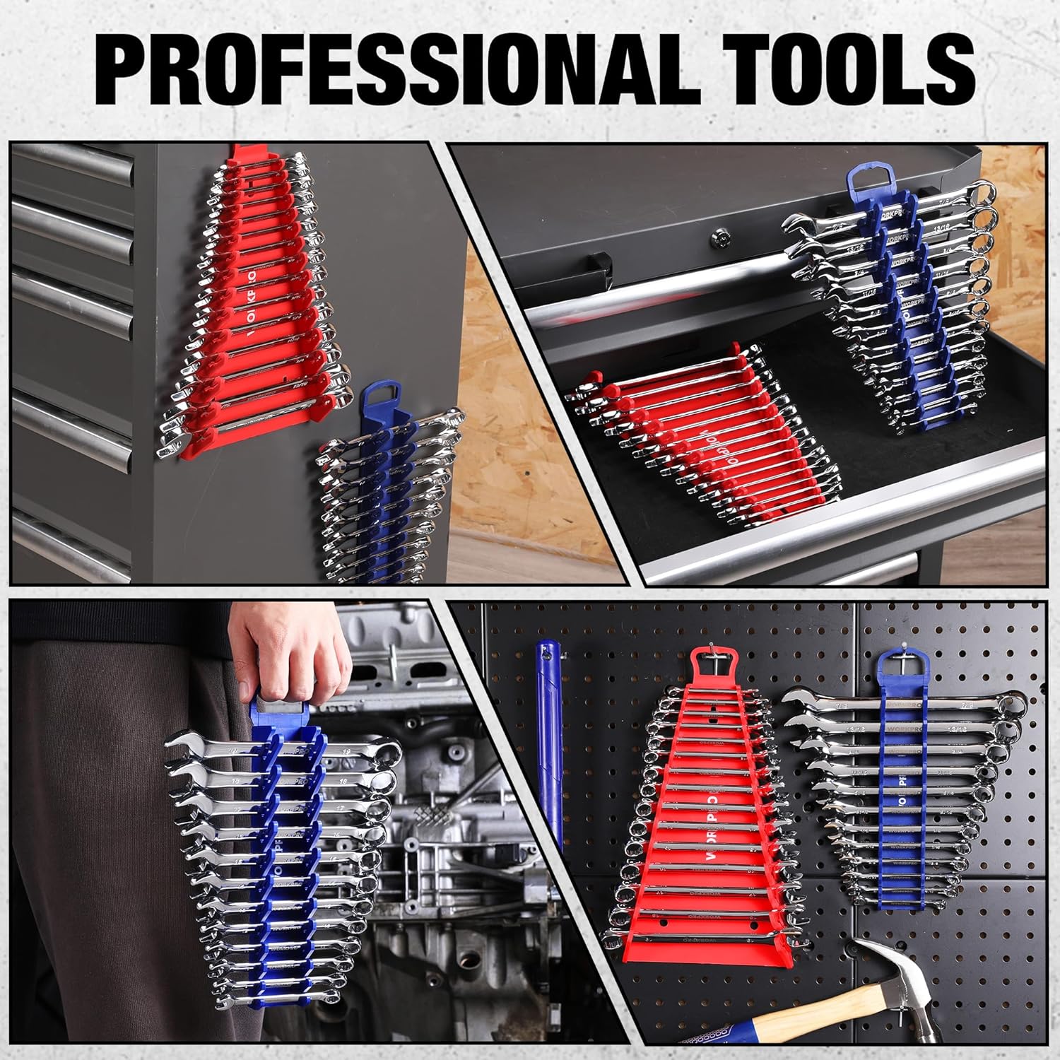 Magnetic wrench organizer racks in a tool drawer, red and blue holders with mounted wrenches