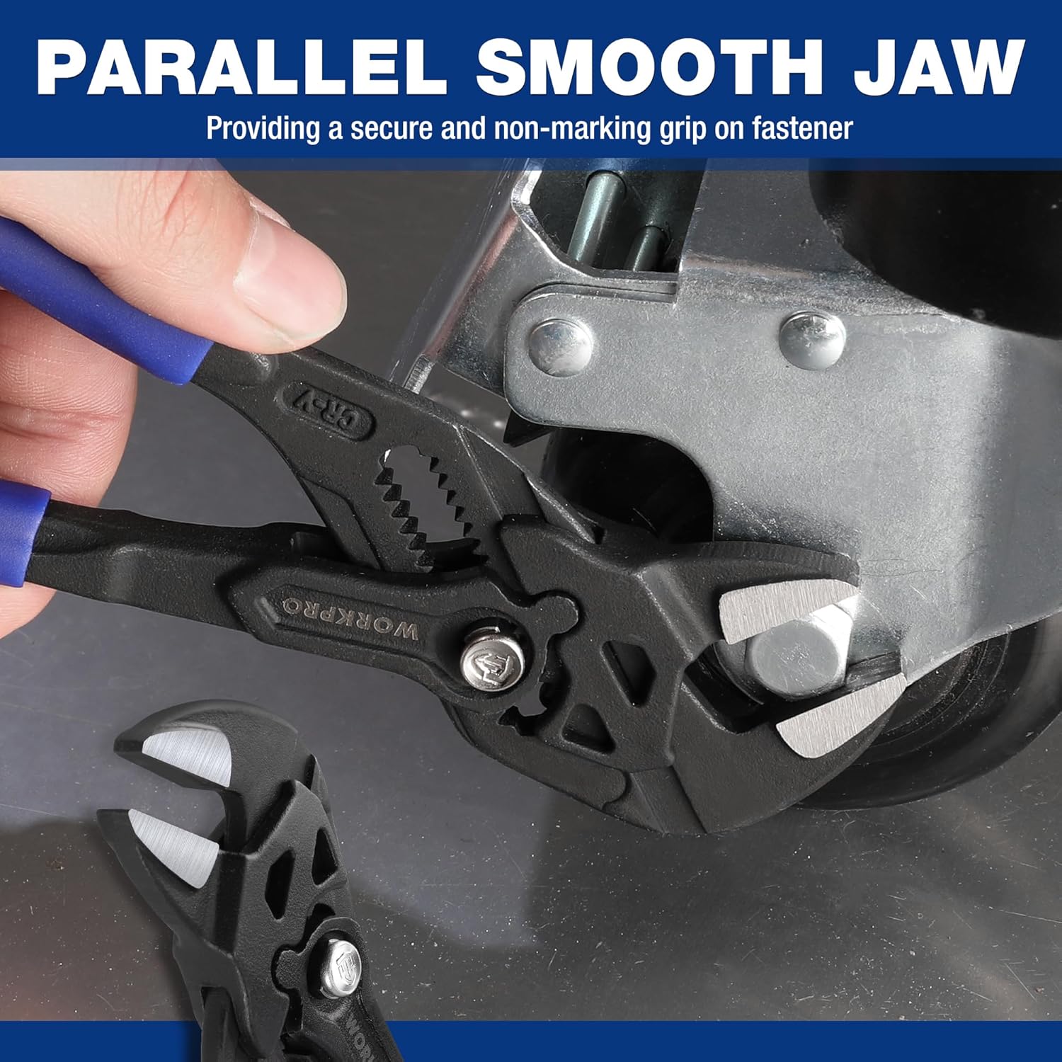 Black adjustable pliers wrench with parallel smooth jaws and textured grip surfaces