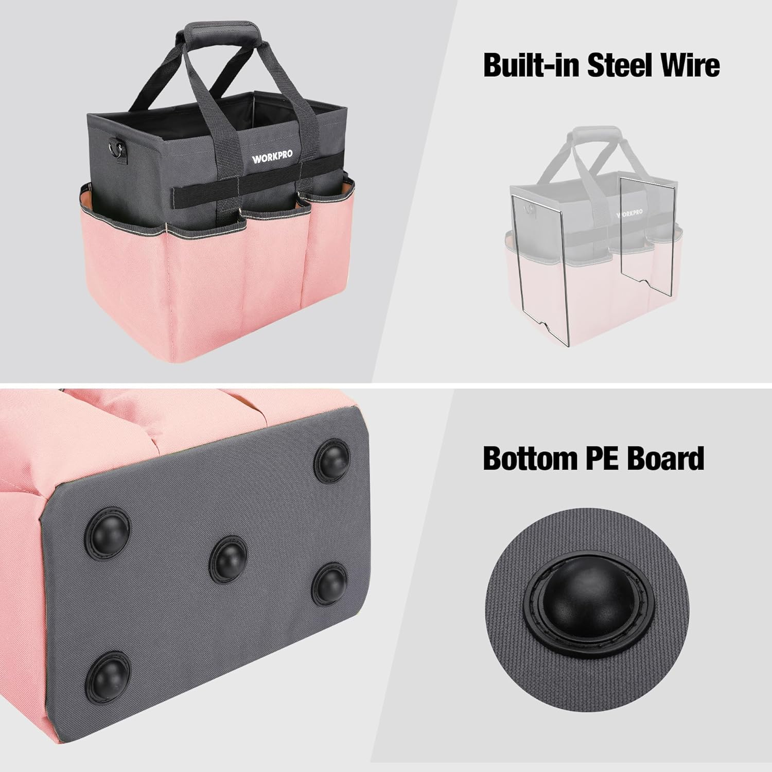 WORKPRO tool tote bag with built-in steel wire base and reinforced PE bottom board