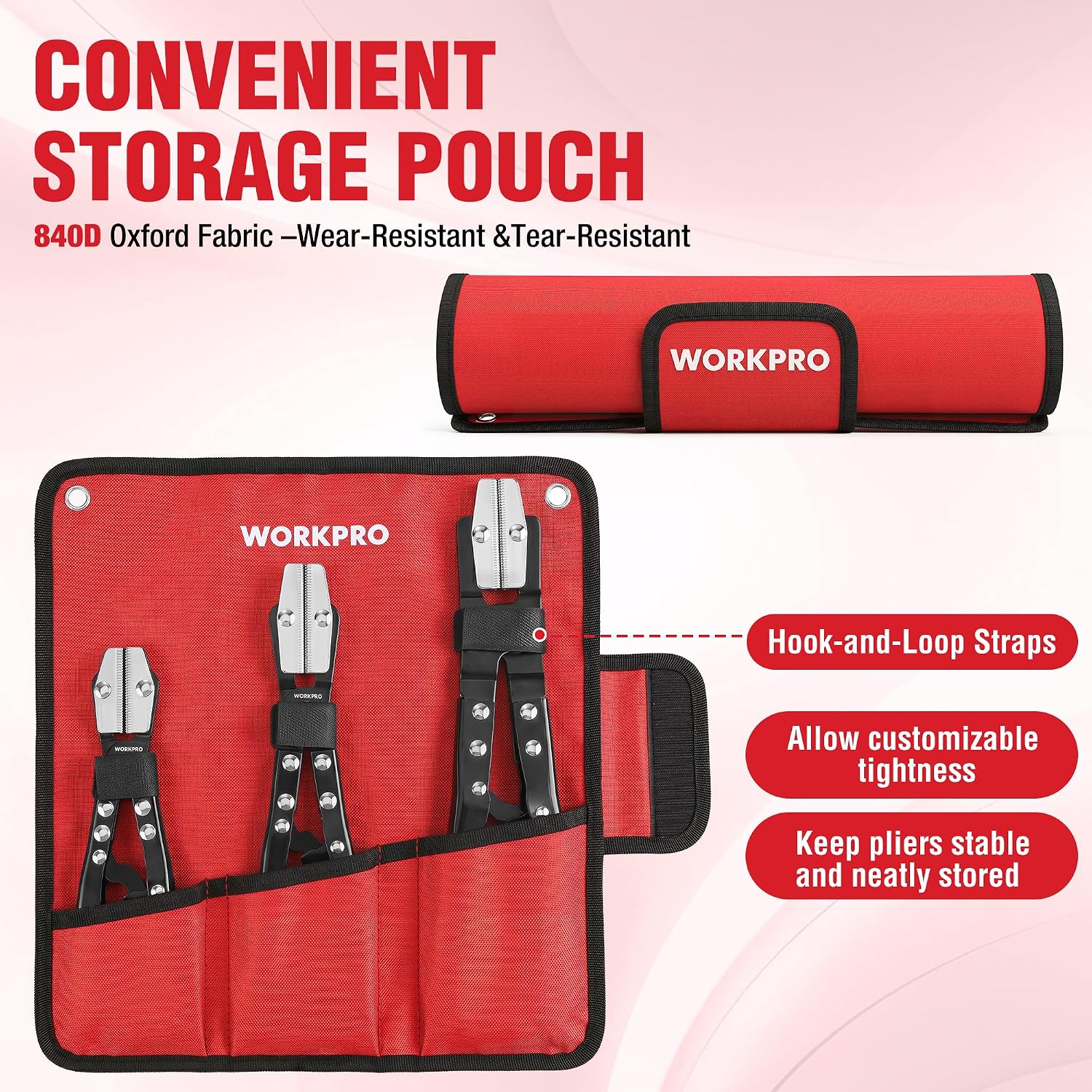 WORKPRO storage pouch with three pairs of hose clamp pliers, red and black