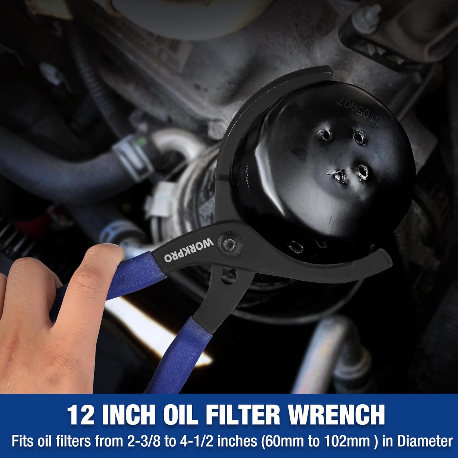 Oil filter wrench with blue-and-black handle and adjustable cup head