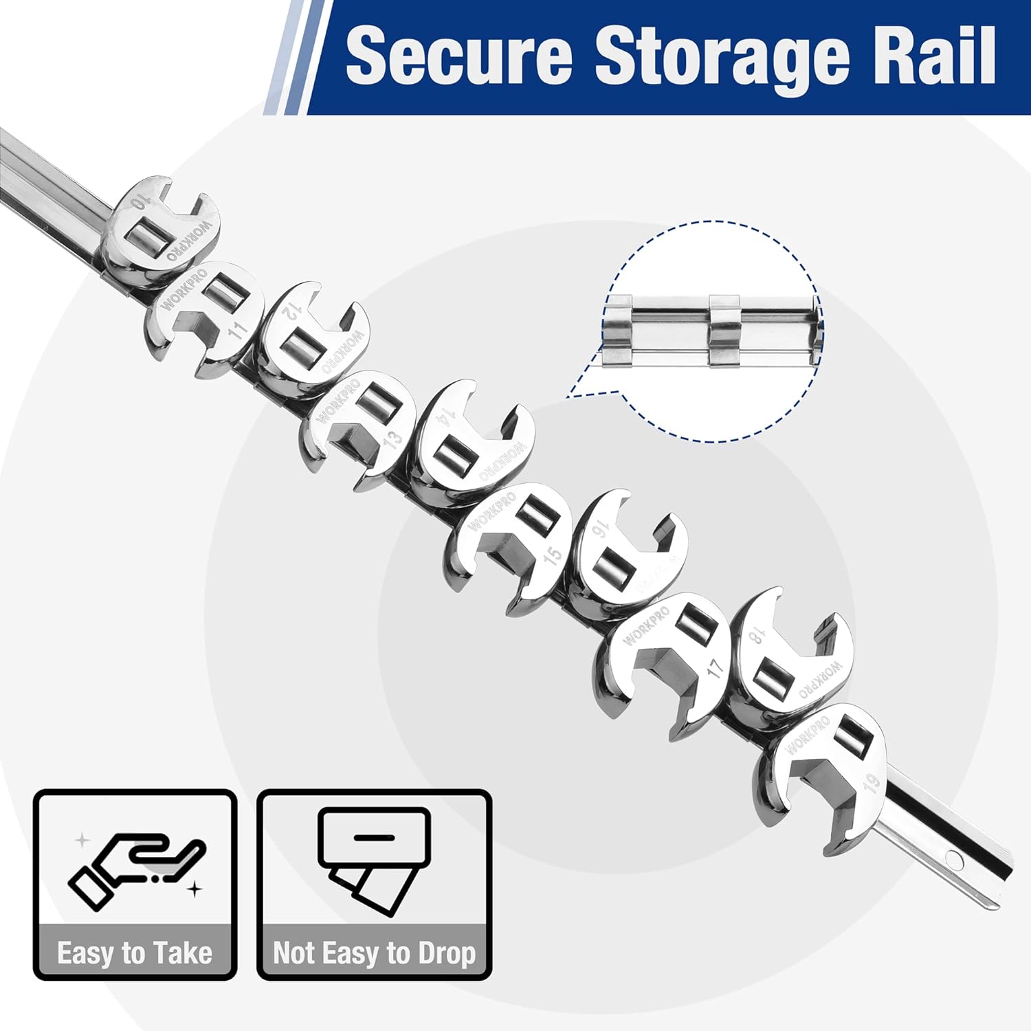 3/8 in drive crowfoot flare nut wrench set on storage rail, chrome finish