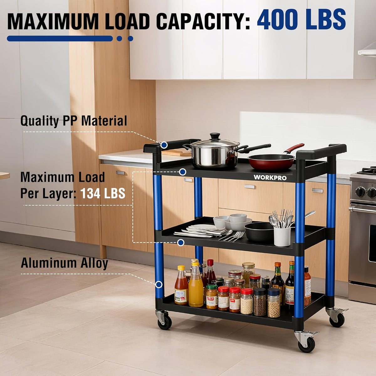 3-tier rolling service cart with blue frame, black shelves, and caster wheels