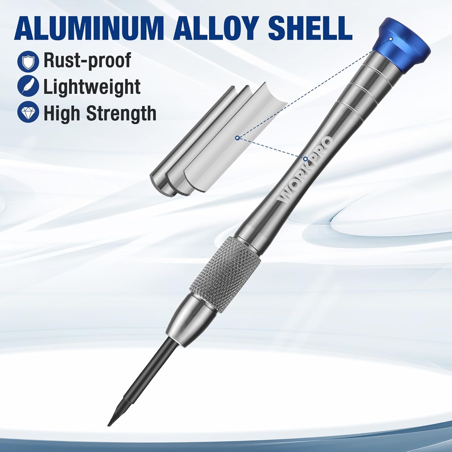 Precision magnetic screwdriver with alloy metal shaft, textured handle grip, and blue accent band