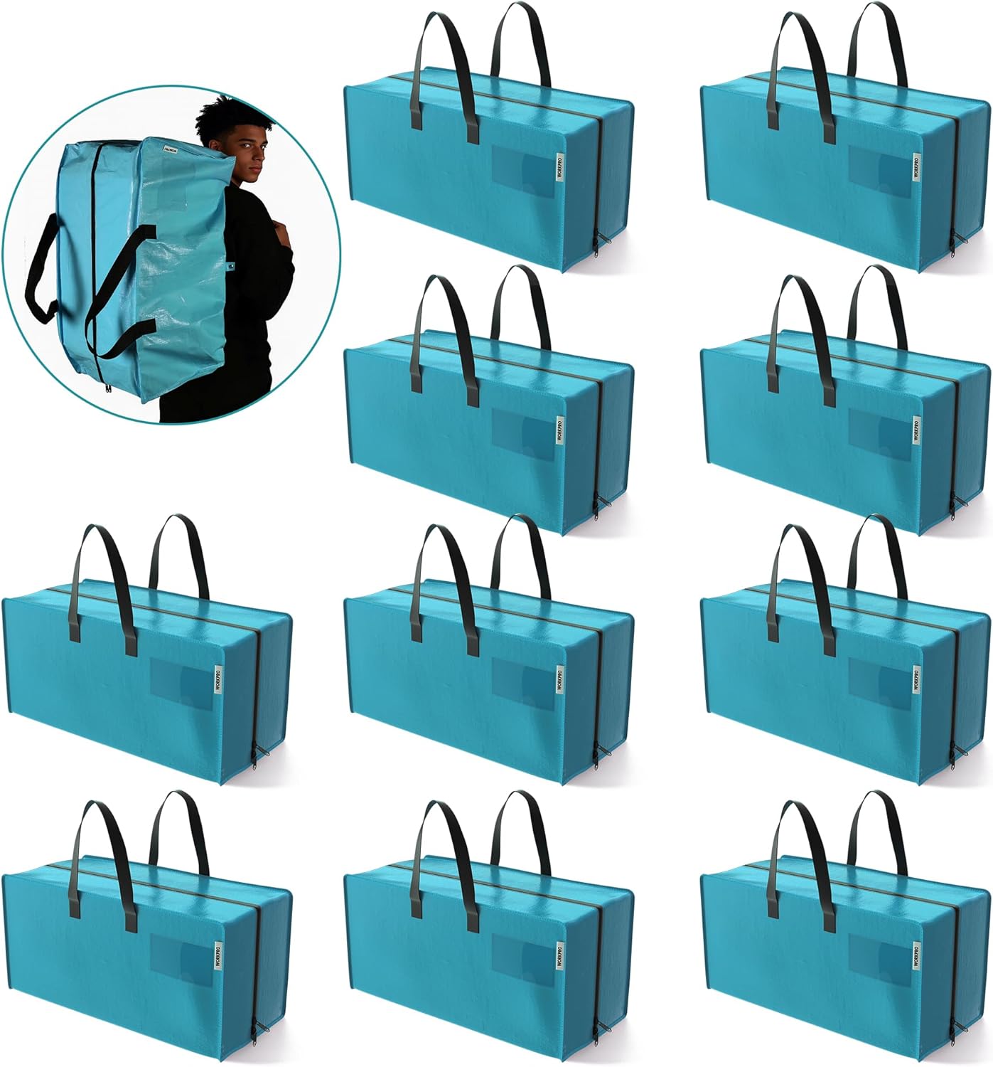 Pack of extra-large blue moving tote bags with black handles and zipper closures