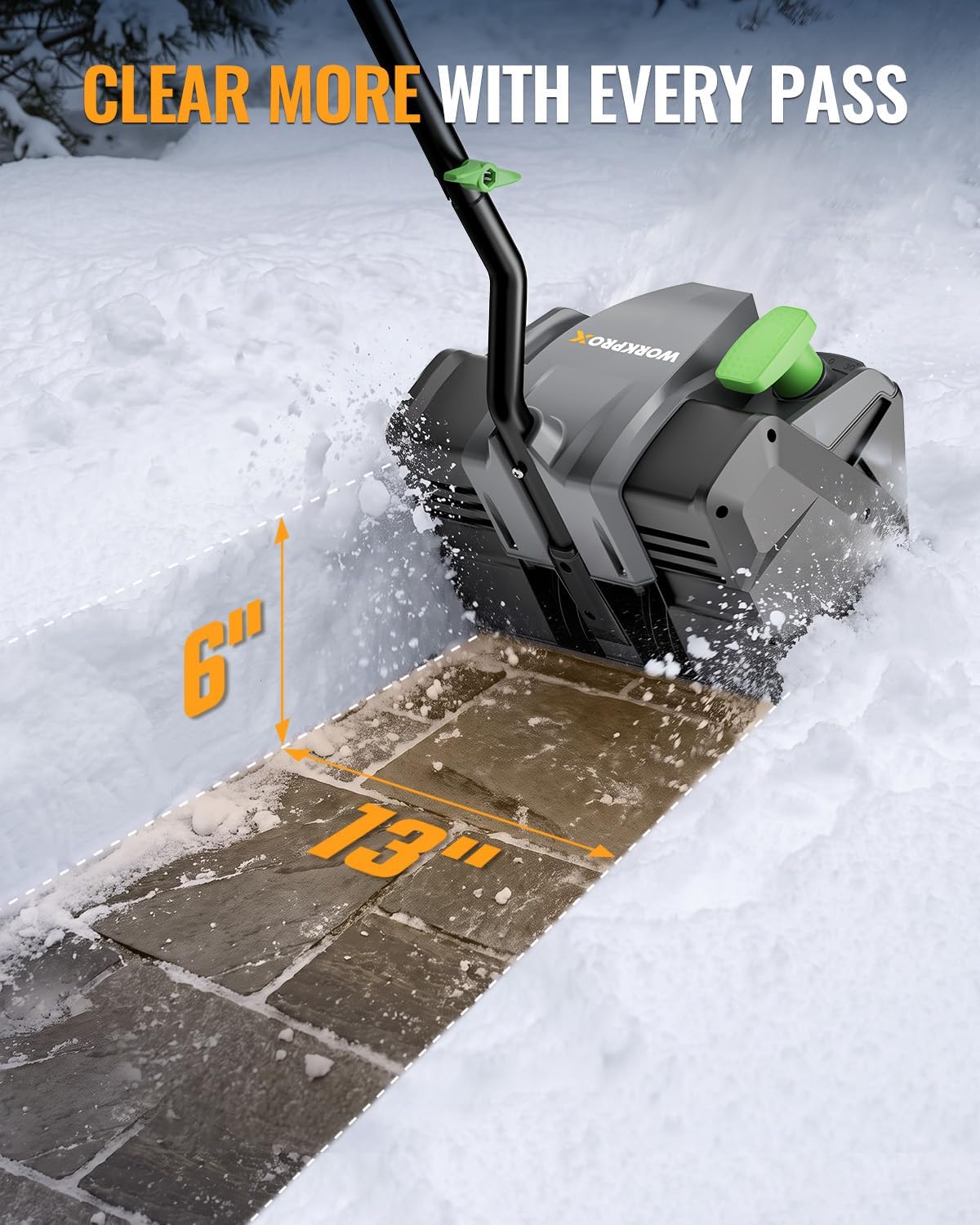 WORKPROX Cordless Snow Shovel, 13-Inch, 20V Battery Included | 23 ft Throw Distance, 4.0Ah Battery, 30° Adjustable Chute, LED Lights, Lightweight, For Steps, Walkways & Driveways